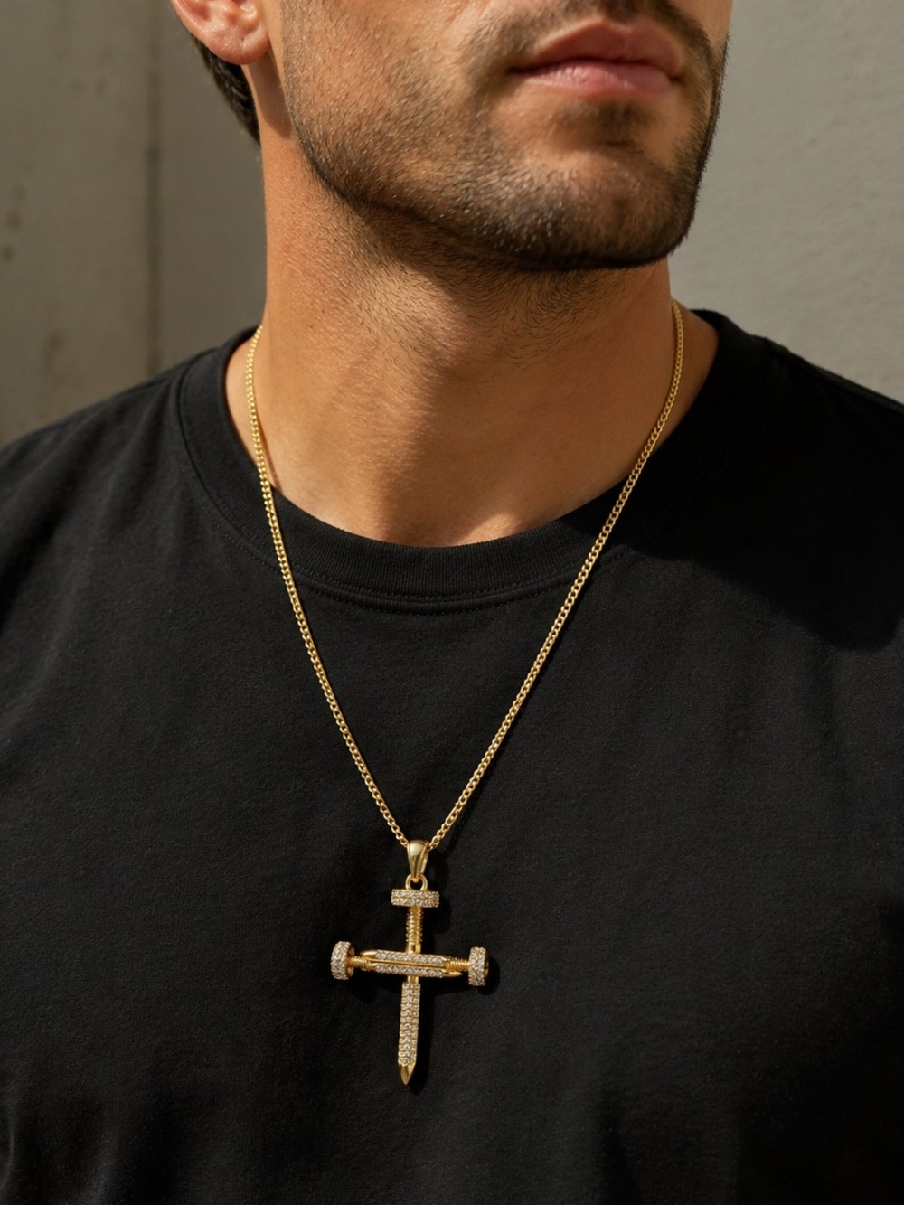 Men’s Gold Nail Cross Pendant - gold plated with CZ stones